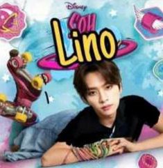 the young man is posing with his skateboard in front of an advertisement for lino