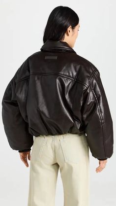 Fabric: Heavyweight, non-stretch faux leather Collared neck Long sleeves and ribbed cuffs Covered elastic hem Satin lining Zip placket On-seam hip pockets with button snaps Acne Clothing, Acne Denim, Fashion Moodboard, Mood Board Fashion, Raw Denim, Leather Collar, China Fashion, Apparel Design, Leather Fashion