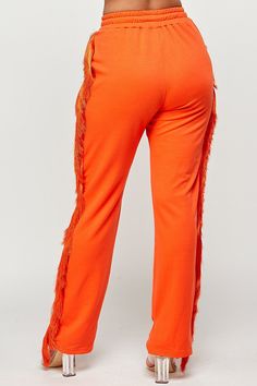 Women Fringe Jogger Long Pants. Joggers have Elastic Waistband Drawstring, 2 Pockets Lined Stretch Self Color : Cream Orange Drawstring Bottoms For Loungewear, Long Pants, Elastic, Cream, Pants, Color, Trousers