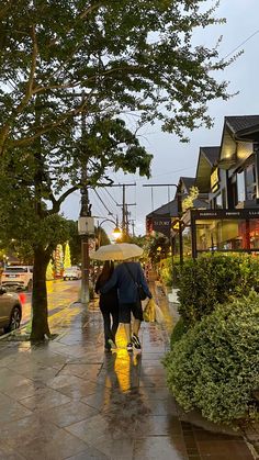 two people walking down the street with an umbrella