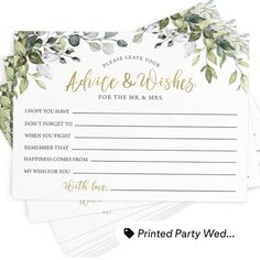 wedding advice cards with greenery on them