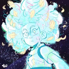 a drawing of a girl with blue hair and yellow eyes, in front of stars