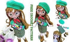 the doll is wearing glasses and a green knitted hat with flowers on it's head