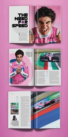 the inside pages of a magazine with an image of a man in racing gear on it