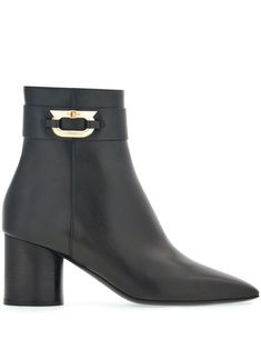 black lambskin goatskin Gancini buckle side zip fastening pointed toe branded insole 60mm high block heel Luxury Calf Leather Booties With Reinforced Heel, Luxury Goodyear Welted Leather Ankle Boots, Fiorentini And Baker Boots, Luxury Leather-sole Moto Ankle Boots, Farfetch Ankle Boots, Ankle Boots Black, Shoes Booties, Leather Ankle Boots, Black Ankle Boots