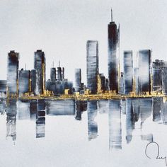 a painting of a city skyline is shown in blue and yellow tones, with the reflection of buildings on the water