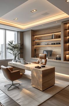 an office with a desk, chair and bookcases in front of a large window