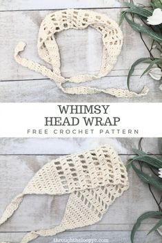 the free crochet headwrap pattern is shown with flowers and greenery