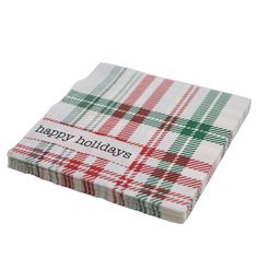 a white and red plaid napkin with the words happy holidays on it