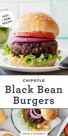 black bean burgers with lettuce, onions and tomato on the bun are shown