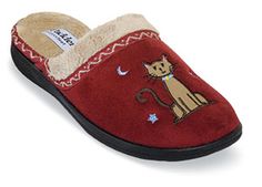 Comfy Padders from England. Red Slides, Embroidered Cat, Cat Plush, Slide Slipper, Memory Foam, England, Red