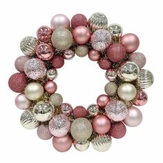 a pink and silver christmas ornament wreath