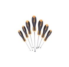 six black and gold screwdrivers with yellow tips on white background, set of 6