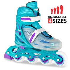 the roller skates are blue and purple