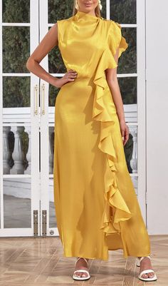 Experience the softness of luxurious satin in this beautifully draped Yellow Mock Neck Ruffled Trim Satin Dress. Sumptuous ruffle trim adorns the neckline of this exquisite garment, giving it an air of opulence and elegance. Perfect for a special occasion, this timeless piece will make you stand out from the crowd. Gentle Dry Clean OnlyColour may vary due to lighting on images. The product images (without model) are closest to the true colour of the product.Item runs true to size chart and is cu Evening Dresses Cocktail, Satin Prom Dress, Neck Ruffle, Satin Dress, Ruched Dress, Corset Dress, Blouse Dress, High Neckline, Cocktail Dress Party