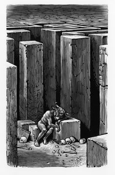 a drawing of a man sitting in front of some crates