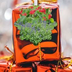 an orange box with flowers in it on top of some red wrapped presents and gold ribbon