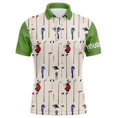 a polo shirt with golf related images on the front and back, all printed in different colors