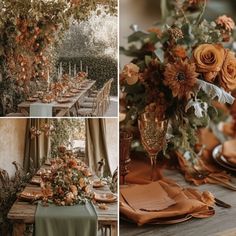 the table is set with orange flowers and greenery for an elegant dinner party or wedding reception