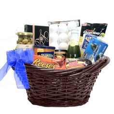 a basket filled with snacks and condiments