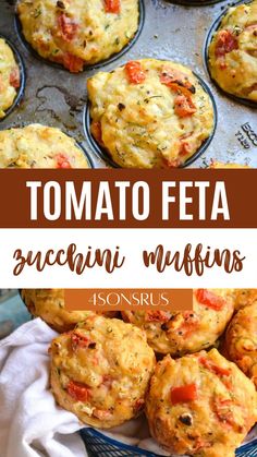 tomato and cheese muffins with text overlay that reads tomato feta mini muffins