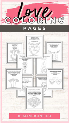 the love coloring pages for valentine's day is shown in pink and white with black ink