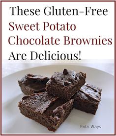 chocolate brownies on a white plate with the words, these gluten - free sweet potato chocolate brownies are delicious