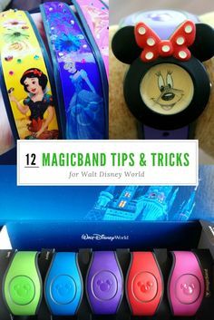 several different colored mickey mouse wristbands with the title, 12 magicband tips and tricks for walt world