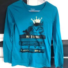 New With Tags Long Sleeve Shirt, Perfect For The Princess In Your Life. Girls Size 14/16. Blue Cotton Top With Cat Print, Princess Kitty, Yellow Shirts, Diy For Girls, Disney Princesses, Knit Tees, The Princess, Cat Shirts, Girls Long Sleeve