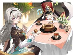 two anime characters sitting at a table with food