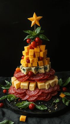 a christmas tree made out of cheese and meat