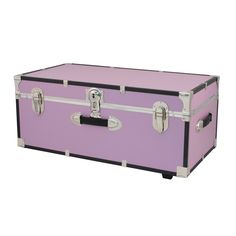 a pink and black trunk with silver handles