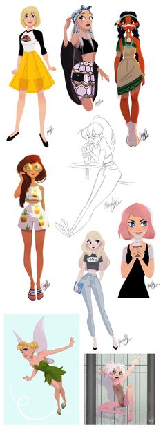 some cartoon characters with different poses and hair styles, all in different colors on the same page