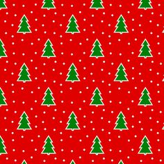 a red background with green christmas trees and snow flakes on the bottom right corner