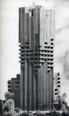 a black and white photo of a tall building made out of blocks with geometric shapes