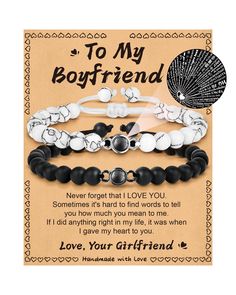 two black and white bracelets with the words, i love you girlfriend to my boyfriend