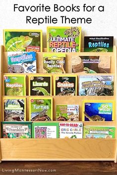 a wooden book rack filled with books and text overlay that reads favorite books for a reptile theme