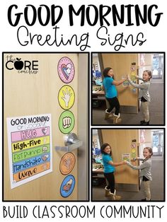 a collage of pictures with the words good morning, greeting signs and students in classroom