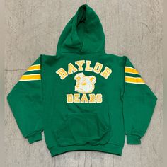 Russell Athletic Size M Green Yellow Excellent Condition Sweatshirt Hoodie Cotton 70s Baylor Bears Ncaa Green College Sweatshirt With Drawstring Hood, Retro Yellow Sweatshirt For Winter, Green Hooded Top For College, Green Collegiate Hoodie With Crew Neck, Collegiate Green Crew Neck Hoodie, Green Collegiate Crew Neck Hoodie, Retro Cotton Hoodie Top, Yellow Cotton Crew Neck Hoodie, Collegiate Green Hoodie For Streetwear