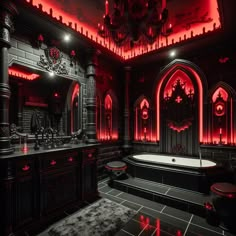 a large bathroom with red lights on the ceiling and black tile flooring, along with an ornate bathtub