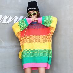 Rainbow Colorful Oversized Knitted Pullover - Kuru Store Trendy Colorful Sweater For Fall, Casual Multicolor Long Sleeve Sweater, Multicolor Long Sleeve Casual Sweater, Multicolor Sweater With Color Matching For Fall, Trendy Stretch Multicolor Sweater, Multicolor Stretch Sweater For Fall, Trendy Long Sleeve Rainbow Sweater, Trendy Multicolor Stretch Sweater, Trendy Colorful Winter Tops