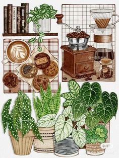 a painting of coffee, cookies and plants