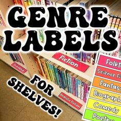 there is a sign that says genee labels for shelvings in front of bookshelves