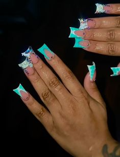 Turquoise Blue Nail Designs, Blue Acrylic Nails With Charms, Teal Duck Nails, Blue Duck Nails Acrylic, Colorful Duck Nails, Turquoise Nails Acrylic, Teal Nails With Design, Black And Teal Nails, Medium Duck Nails