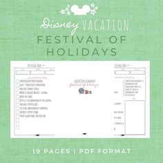 the disney vacation festival of holidays is displayed on a green background with text that reads, 19 pages i df format