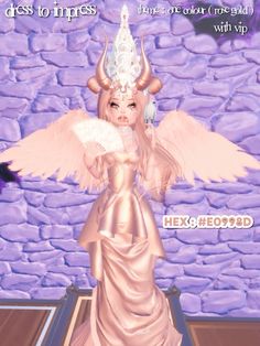 an angel statue is standing in front of a stone wall and has wings on its head