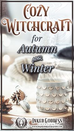 A graphic about our blog post "Cozy Witchcraft for Autumn and Winter" from Inked Goddess Creations. Cozy Witch, Kitchen Witchcraft, Witch Store, Snow Candles, Witches Jar, Witchcraft Candles, Candle Dressing, Candle Magick, Witchy Crafts