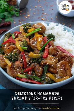 a bowl filled with stir fry chicken and veggies on top of white rice