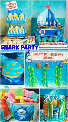 shark birthday party with blue and yellow decorations, plates, cupcakes and cake