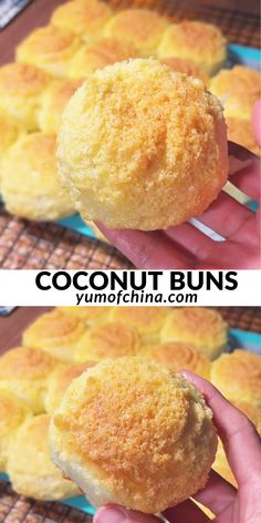 two pictures of coconut buns on a cooling rack with the top one being eaten